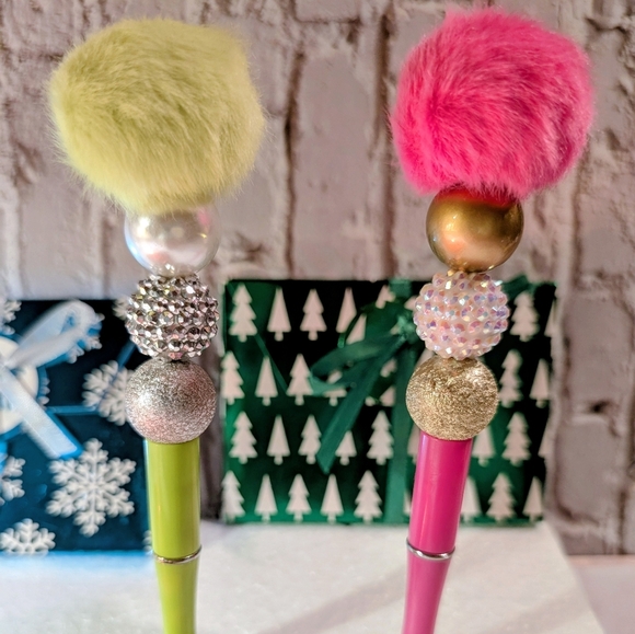 2 Luxury Beaded Colorful Pom Pom Pens - Picture 2 of 2